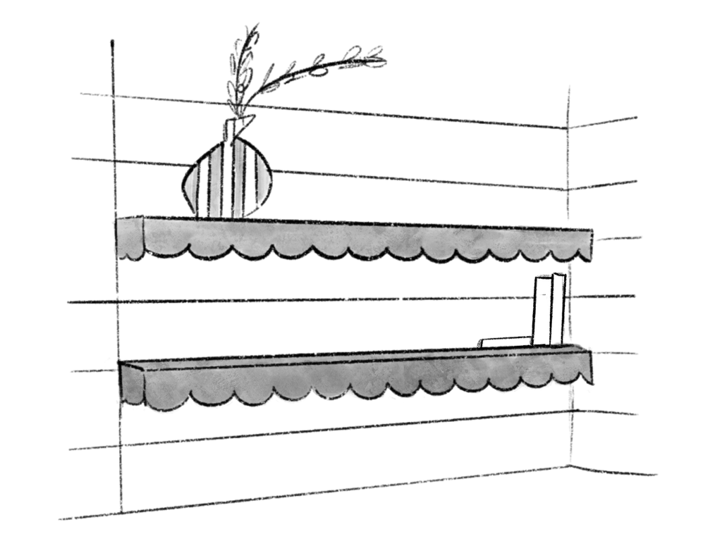 Dessin de motifs festonnés sur des étagères. Style anglais. Étude Maison Charlet